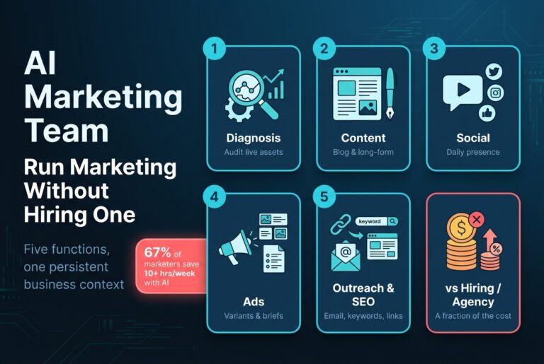 The five functions of an AI marketing team - diagnosis, content, social, ads, and outreach/SEO - that small businesses can run without hiring a team