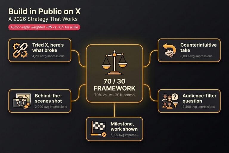 The 70/30 build-in-public framework on X with five high-performing tweet template types and their average impressions