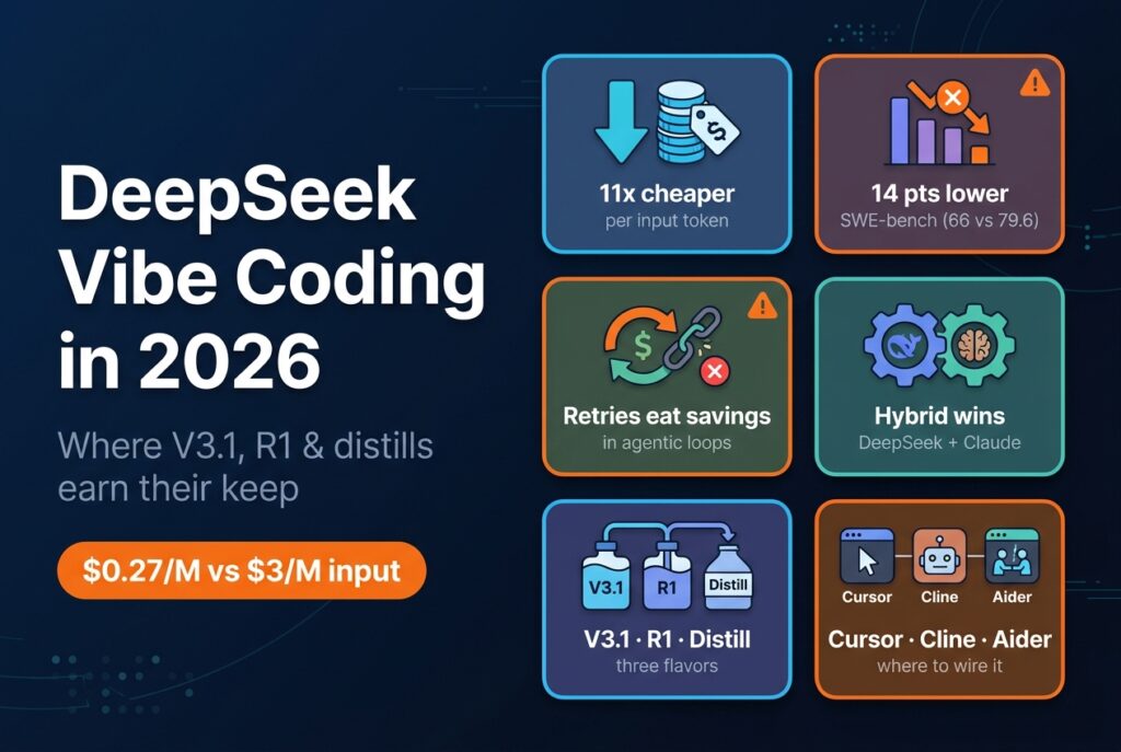 DeepSeek vibe coding infographic - 11x cheaper input, 14 points lower on SWE-bench, retries eating savings, and a hybrid DeepSeek-plus-Claude pattern across Cursor, Cline and Aider