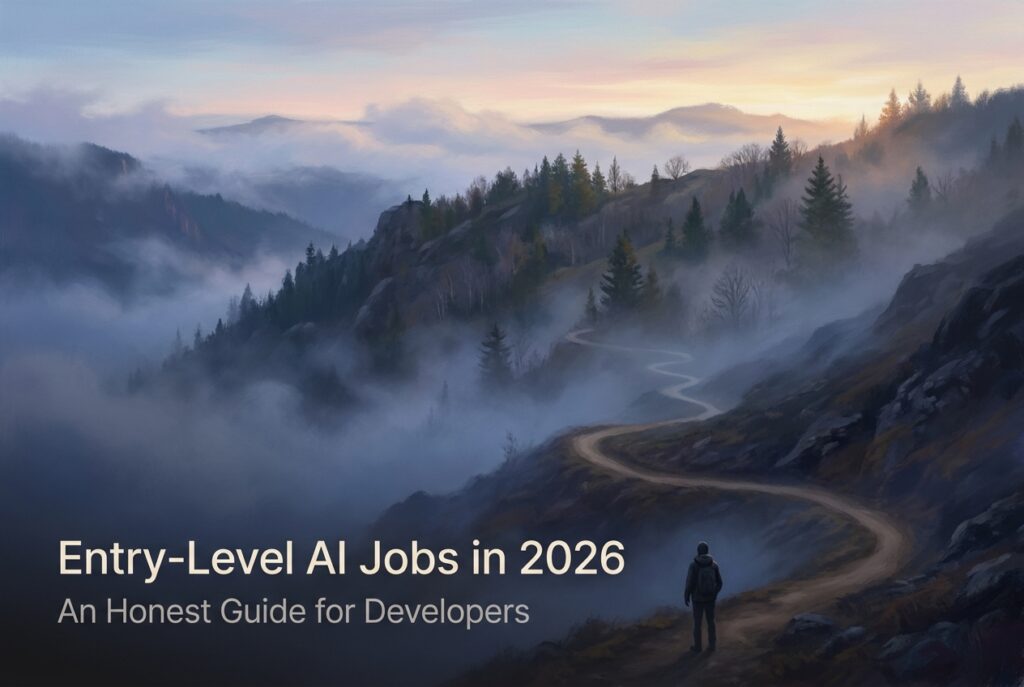 A lone developer at the foot of a long winding mountain trail at first light, a metaphor for the harder, longer climb into entry-level AI jobs in 2026