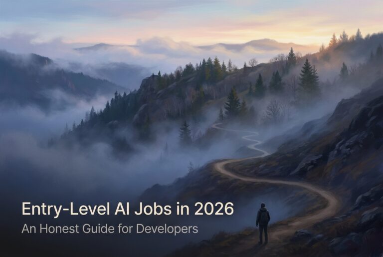 A lone developer at the foot of a long winding mountain trail at first light, a metaphor for the harder, longer climb into entry-level AI jobs in 2026