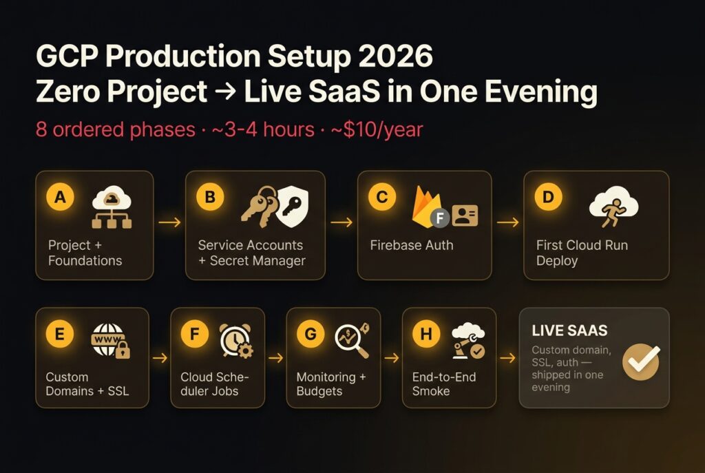 Pipeline diagram of the eight ordered phases for a 2026 GCP production setup, from project to live SaaS in one evening