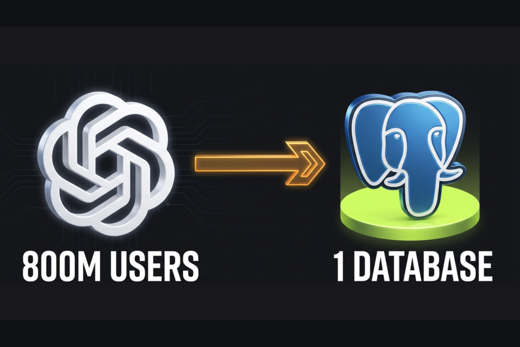 The OpenAI logo with an arrow to the PostgreSQL elephant, captioned 800M users and 1 database