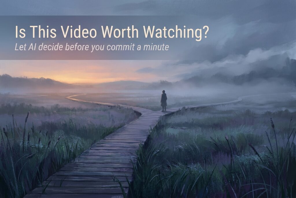 A lone figure pauses at a fork in a misty boardwalk at dawn - a metaphor for deciding whether a YouTube video is worth watching before committing your time