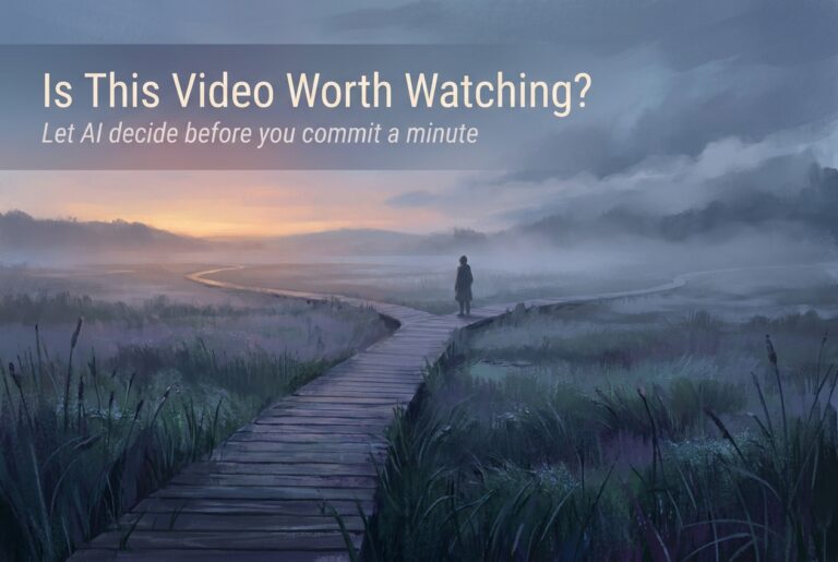 A lone figure pauses at a fork in a misty boardwalk at dawn - a metaphor for deciding whether a YouTube video is worth watching before committing your time