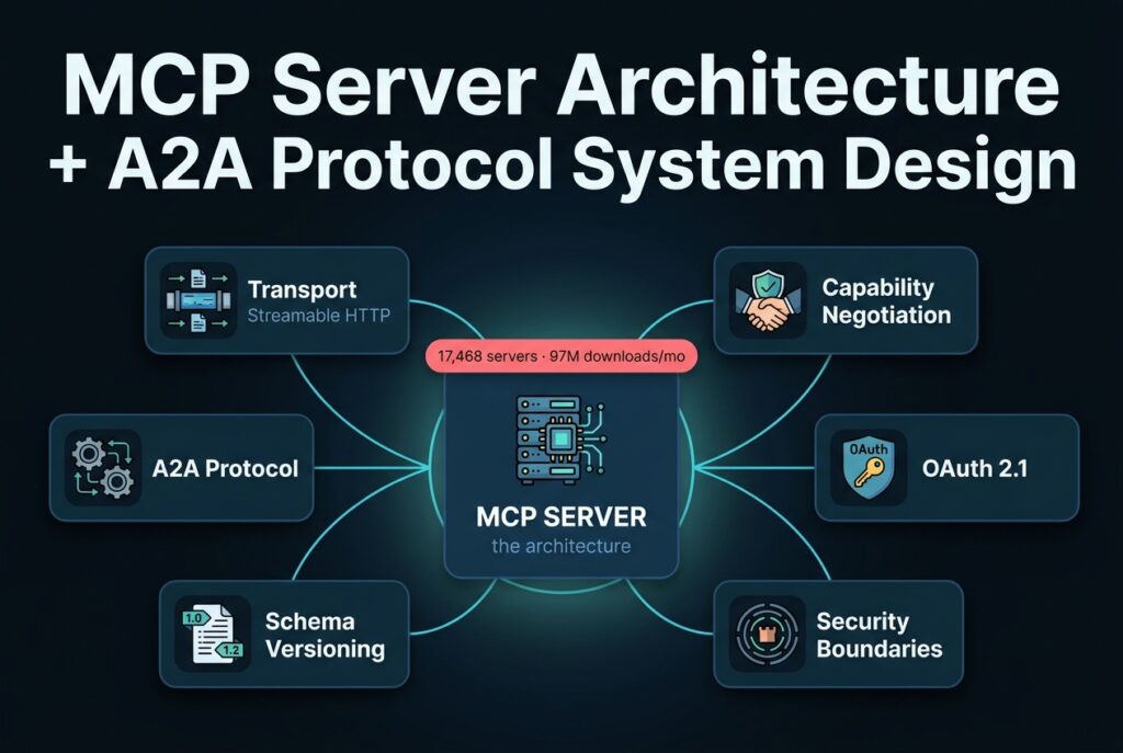 Radial diagram of MCP server architecture - transport, capability negotiation, OAuth 2.1, security boundaries, schema versioning, and the A2A protocol - around a central MCP server core