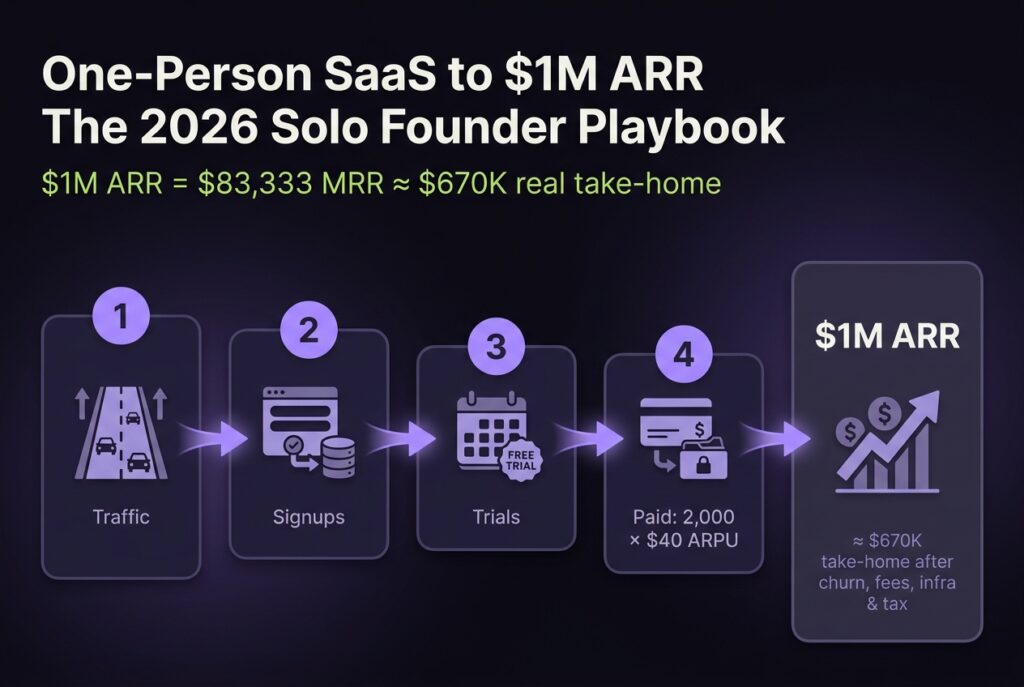 A solo-founder conversion funnel - traffic, signups, trials, then 2,000 paid customers at $40 ARPU - reaching $1M ARR, about $670K after churn, fees, and tax