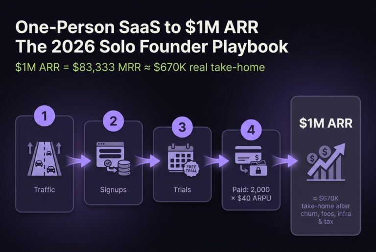 A solo-founder conversion funnel - traffic, signups, trials, then 2,000 paid customers at $40 ARPU - reaching $1M ARR, about $670K after churn, fees, and tax
