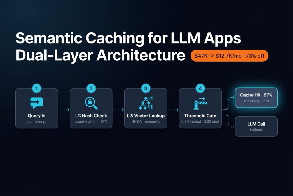 A dual-layer semantic cache pipeline - query, L1 hash check, L2 HNSW vector lookup, threshold gate - branching into a 67% cache hit versus an LLM call, cutting the bill 73%