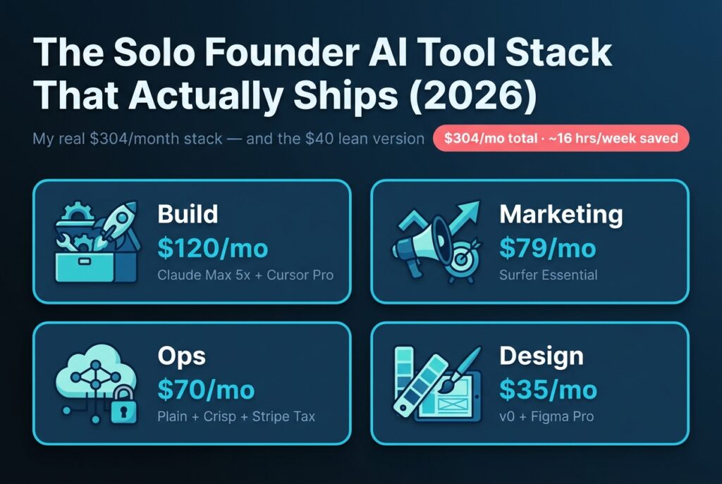 A solo founder $304/month AI tool stack broken into four spend categories - Build, Marketing, Ops, and Design - with the tools in each