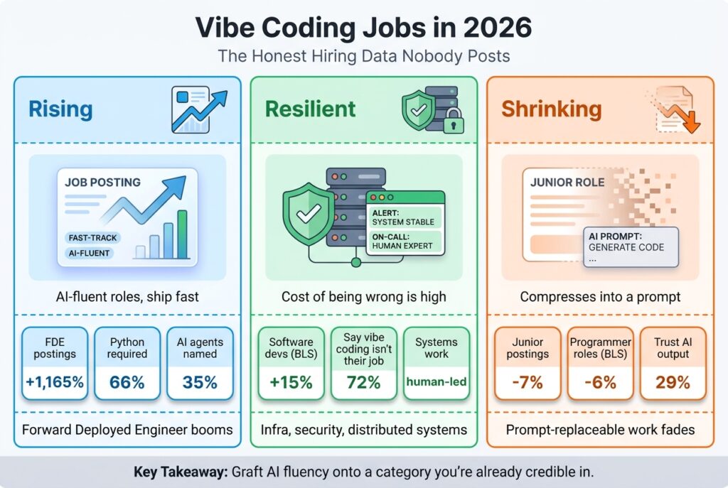 Three-column comparison of 2026 developer hiring trajectories - rising AI-fluent roles, resilient systems roles, and shrinking prompt-replaceable jobs