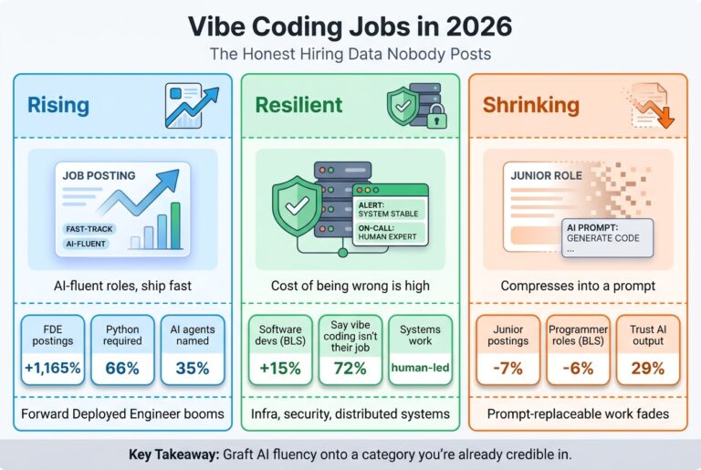 Three-column comparison of 2026 developer hiring trajectories - rising AI-fluent roles, resilient systems roles, and shrinking prompt-replaceable jobs
