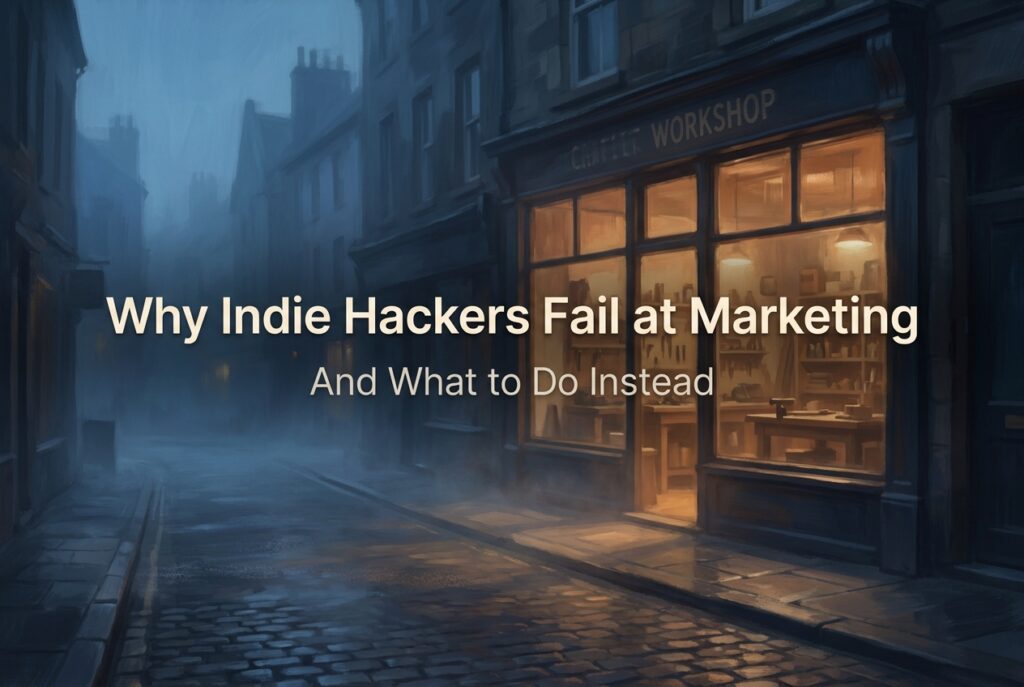 A single warmly-lit craft workshop glowing on an empty blue-hour street, a metaphor for indie hackers building good products no audience ever sees