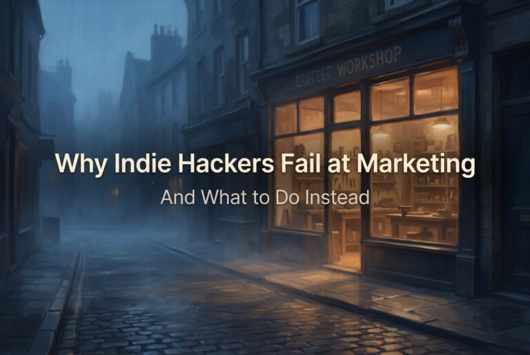 A single warmly-lit craft workshop glowing on an empty blue-hour street, a metaphor for indie hackers building good products no audience ever sees